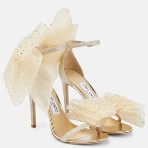 New JIMMY CHOO Aveline 100 bow-trimmed sandals hotfix Crystal embellished